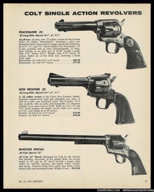 1972 COLT Peacemaker, New Frontier, Buntline Special Revolver PRINT AD-img-0