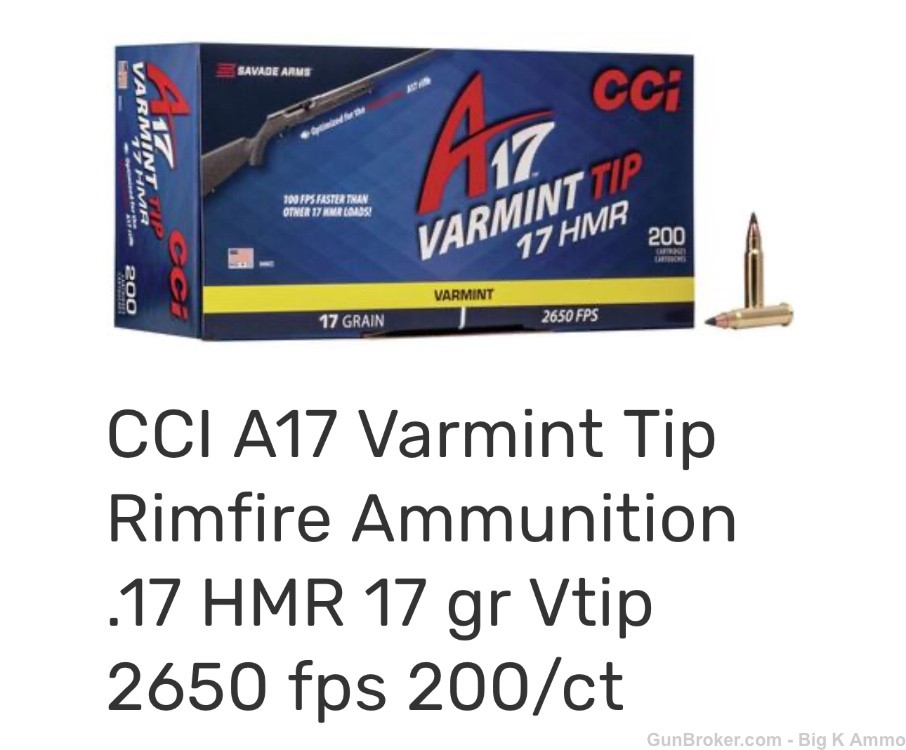  CCI A17 Varmint Tip Rimfire Ammunition .17 HMR 17 gr Vtip 2650 fps 200/ct-img-0