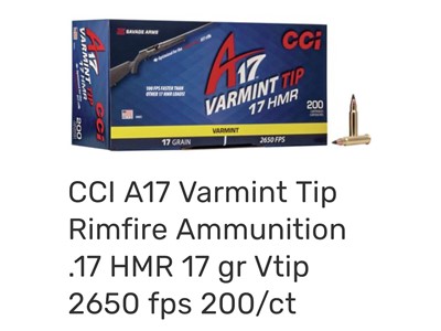  CCI A17 Varmint Tip Rimfire Ammunition .17 HMR 17 gr Vtip 2650 fps 200/ct