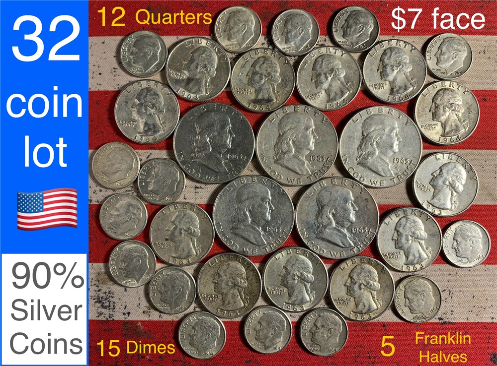 90% Silver Coins Franklin Half Dollars Dimes Quarters 32 Coin Lot-img-0