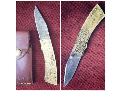 Damascus ENGRAVED FOLDING KNIFE 