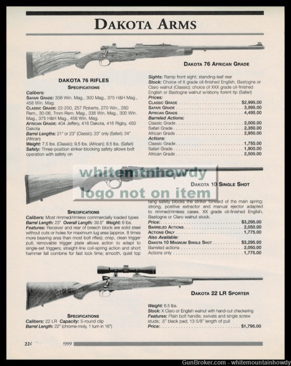 1999  DAKOTA ARMS 76 African 10 Single Shot .22 LR Sports Rifle PRINT AD-img-0