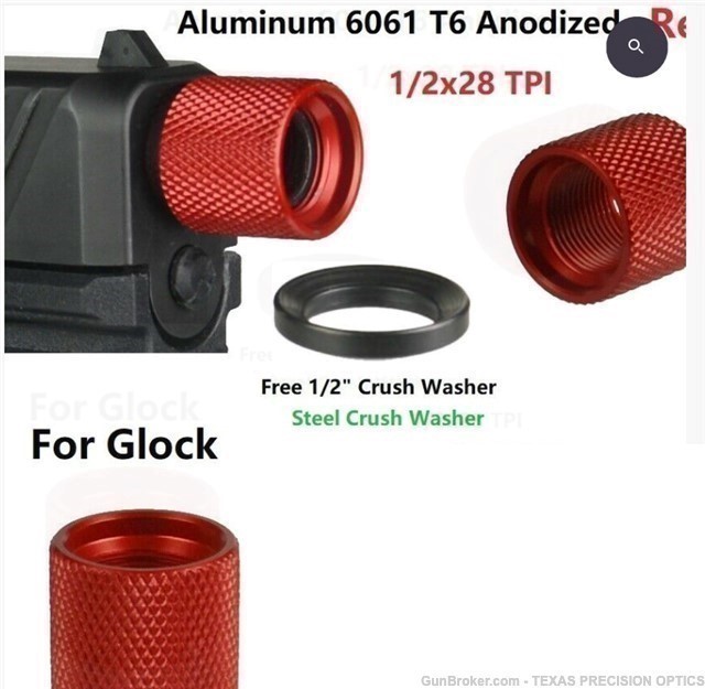 Glock 9mm 1/2X28 Thread Protector, Aluminum 6061 T6 Red with Steel Washer-img-0