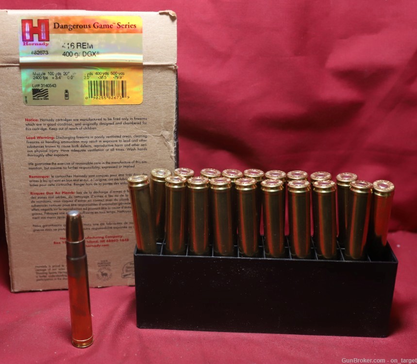 Hornady .416 Rem Mag Ammunition 400 GR DGX Projectile (20 Count)-img-0