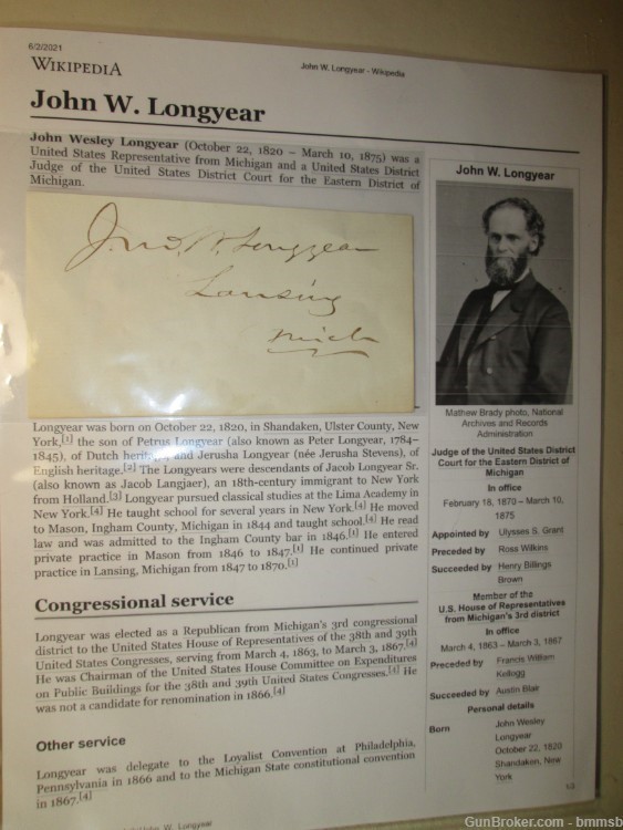 Autograph of U.S. Rep. John W. Longyear, Michigan 1863-1867, & Dist. Judge-img-0