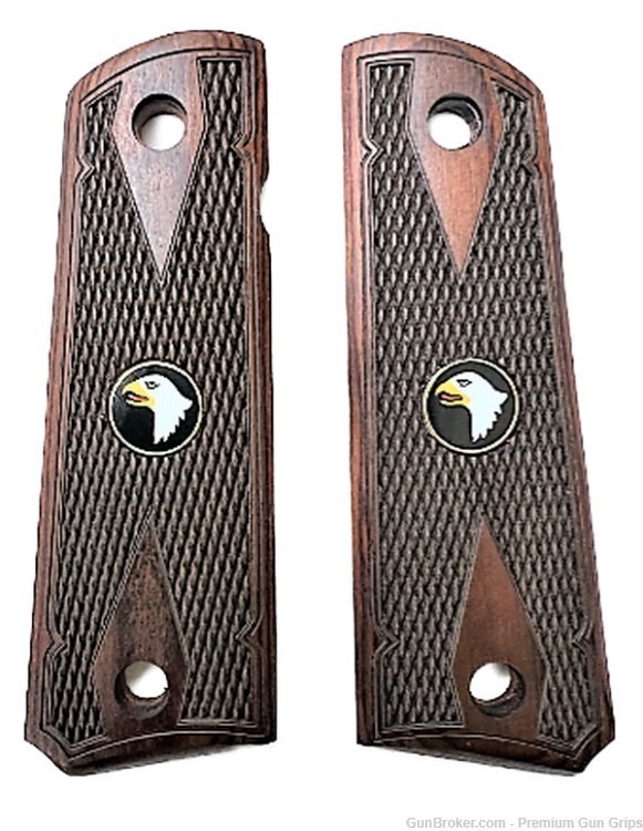 1911 Colt Full Size Double D Checkered Rosewood Grips w/Screaming Eagle-img-0