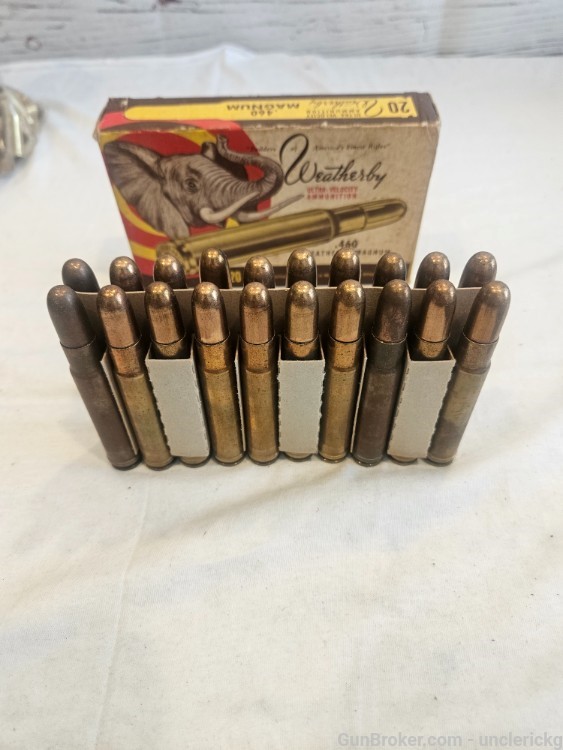 Vtg weatherby 460 magnum ammo 20 rds elephant box 500 gn fmj-img-3