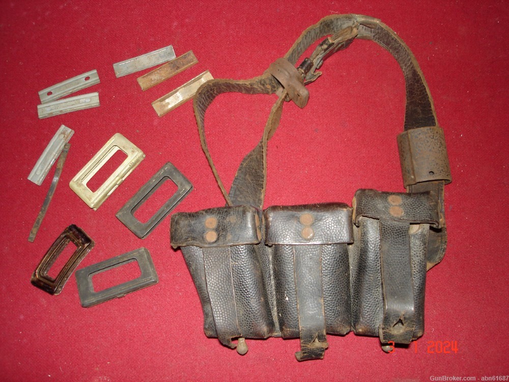 WWII German 1942 dated K98 ammo pouch, belt, mauser parts, ammo clips lot-img-0