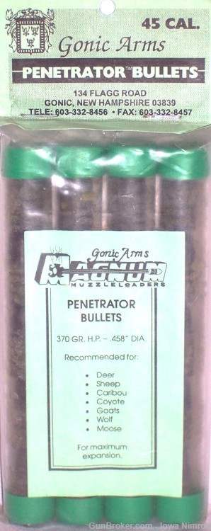 Gonic Arms 45 caliber 0.458” 370 Grain Pb Penetrator Bullets 20 Round Packs-img-1
