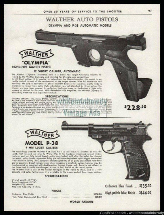 963 WALTHER Olympia & Model P-38 Auto Pistol AD w/ original prices-img-0