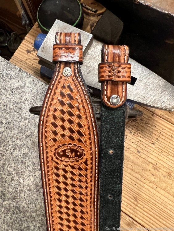 Leather Rifle Sling/Gun Strap - Hand Tooled Basket Weave - Handmade in USA-img-4