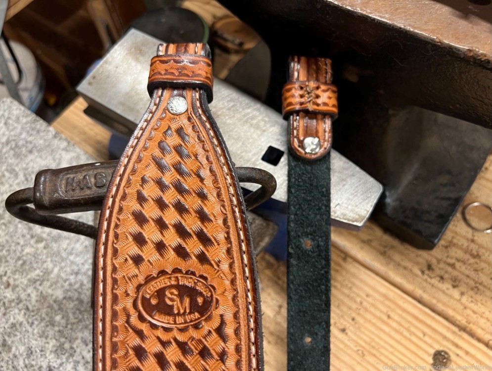 Leather Rifle Sling/Gun Strap - Hand Tooled Basket Weave - Handmade in USA-img-2