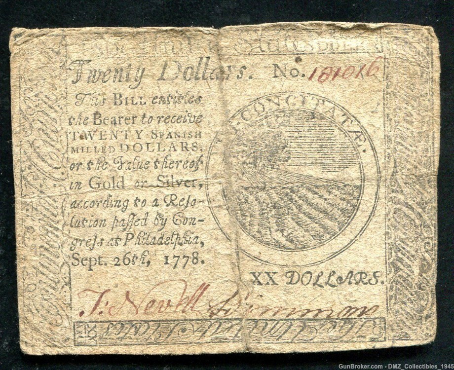 US Revolutionary War Era 1778 $20 Continental Currency Note Money -img-0