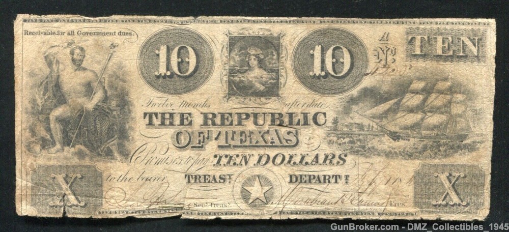 1840 $10 Republic of Texas Note Antique Currency Money-img-0