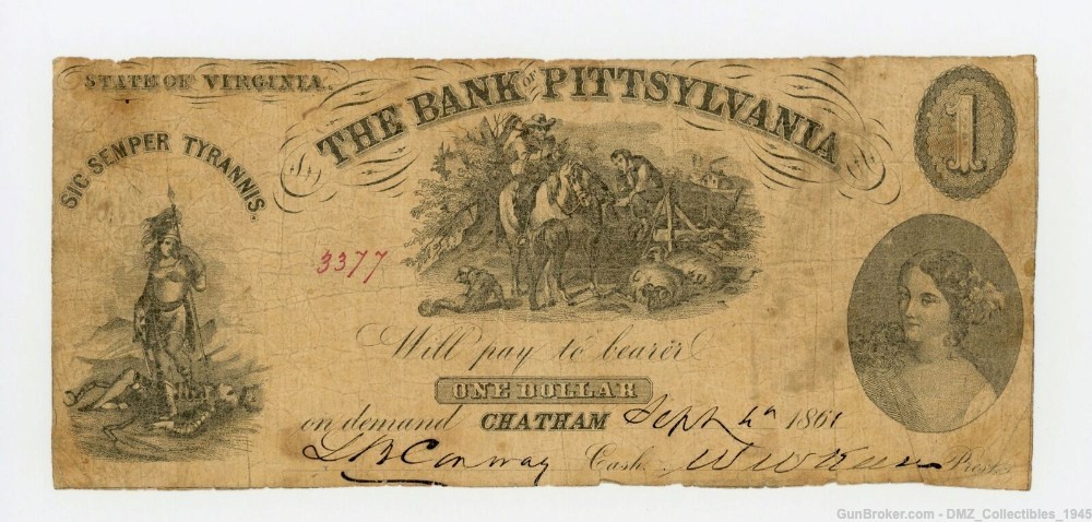 Civil War Era $1 Virginia Bank Note Money Currency-img-0