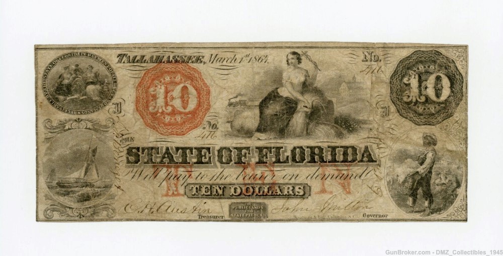 Civil War $10 Florida Note Money Currency -img-0