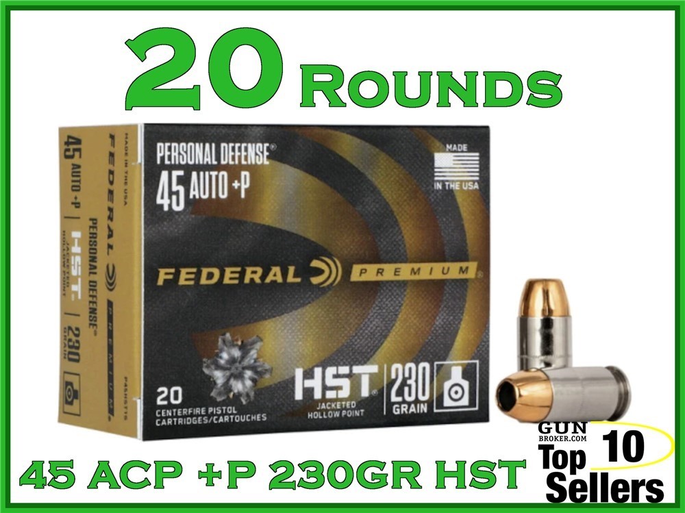 Federal Premium 45 ACP+P 230 GR HST Ammo P45HST1S 20CT-img-0