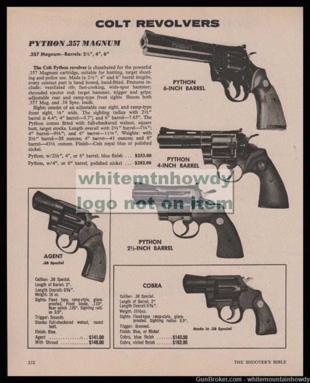 1976 COLT Python 6,4,2 1.2", Agent, Cobra Revolver PRINT AD-img-0