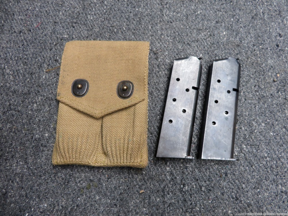 (2 TOTAL MAGS) US WWII USGI COLT 1911 GOVERNMENT MAGAZINES WITH WWI POUCH-img-0