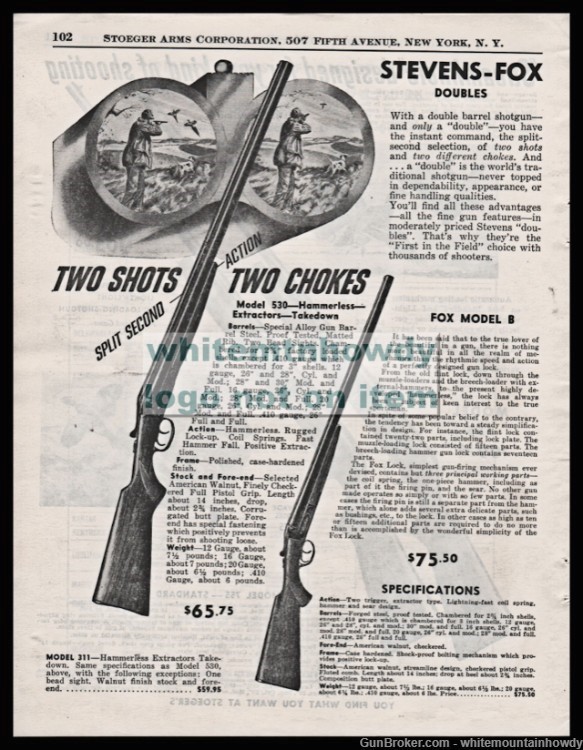 1953 STEVENS FOX Model 530 and B Double Barrel Shotgun PRINT AD-img-0