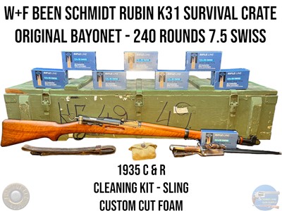 W+F BERN SCHMIDT RUBIN K31 SURVIVAL CRATE - BAYONET - 240 ROUNDS 7.5 SWISS 