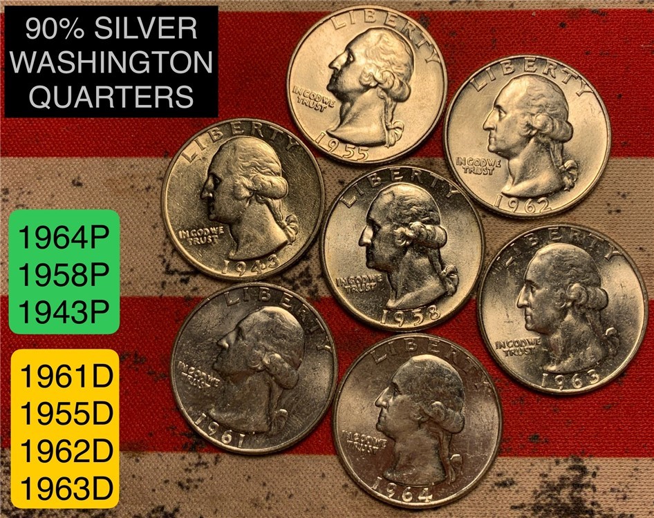 90% Silver Washington Quarters 7 Coin Lot Finer Grade-img-0