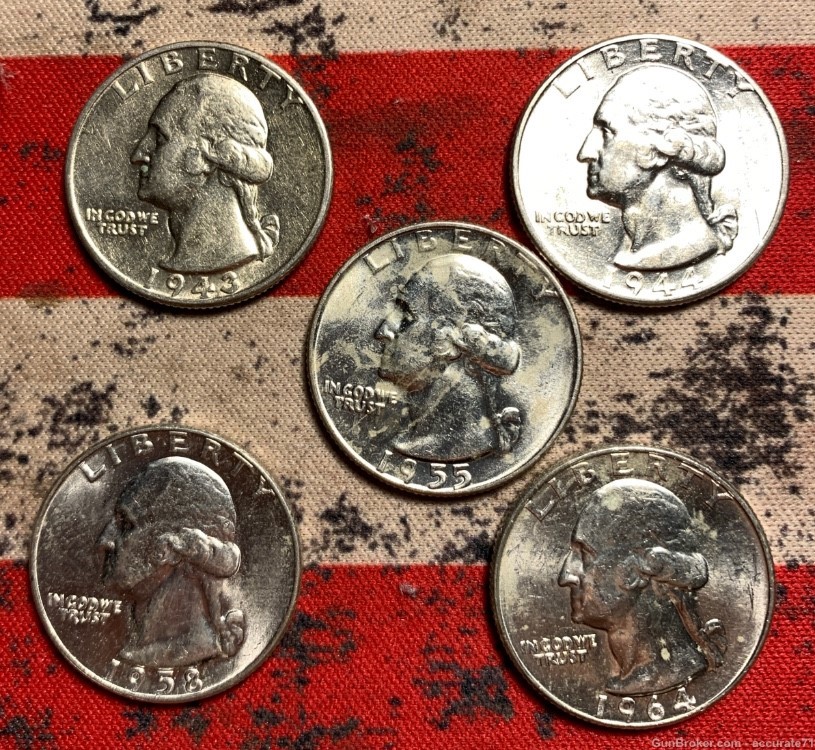 90% Silver Washington Quarters 5 Coins Nicer Grade-img-7