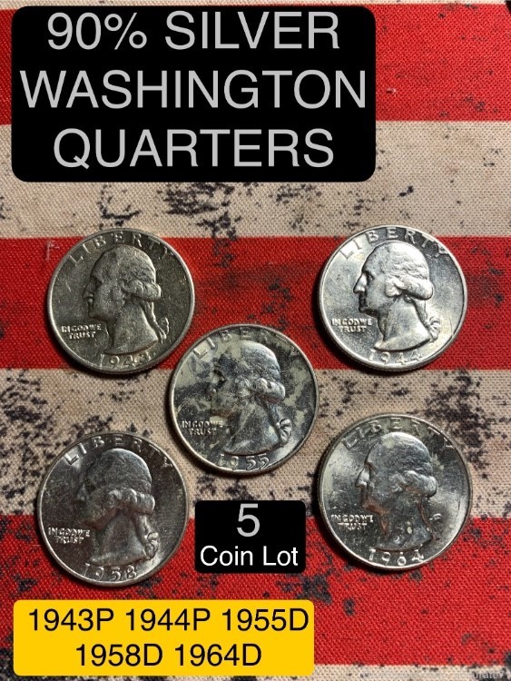 90% Silver Washington Quarters 5 Coins Nicer Grade-img-0