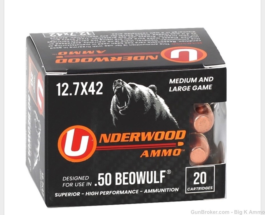 Underwood 50 Beowulf Ammo 350 Grain Full Metal Jacket 12.7x42 big game ammo-img-1