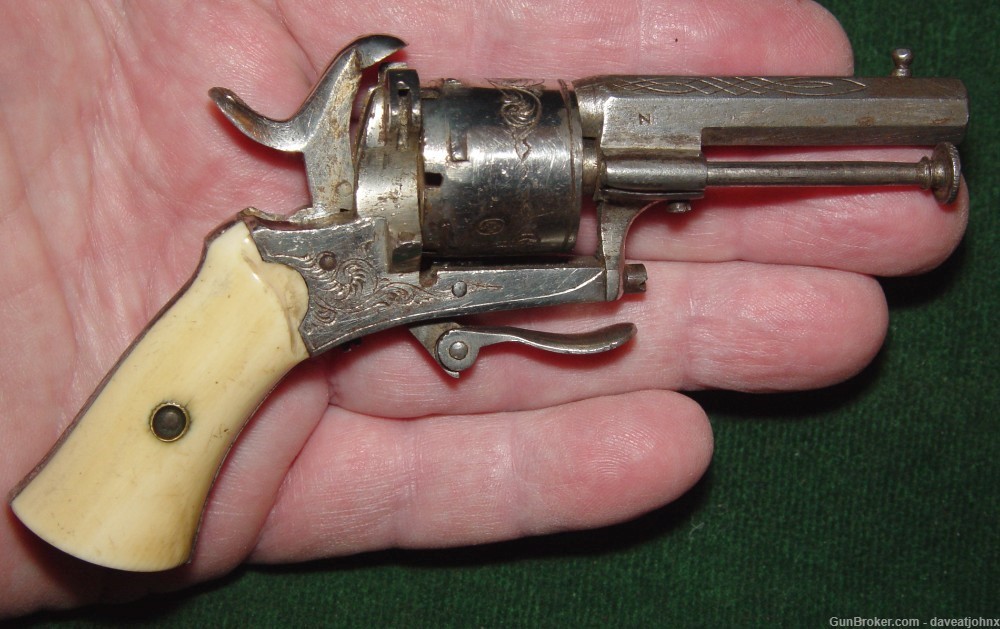 Rare Antique Tiny Engraved 5mm Belgian Pinfire Revolver-img-0