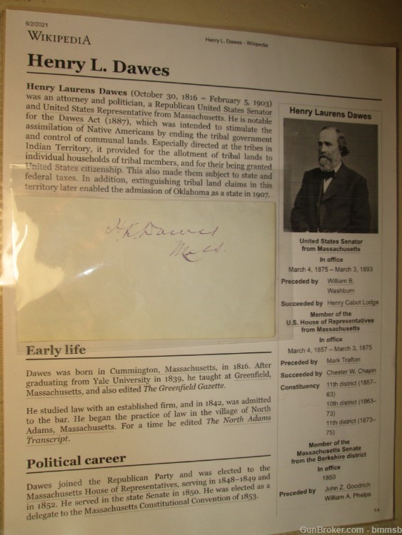 Autograph of U.S. Senator Henry L. Dawes, State of Massachusetts 1816-1903-img-0