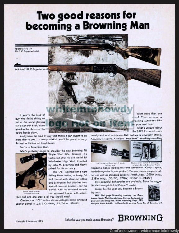 1973 BROWNING 78 and BAR Rifle PRINT AD shown w/ original prices-img-0