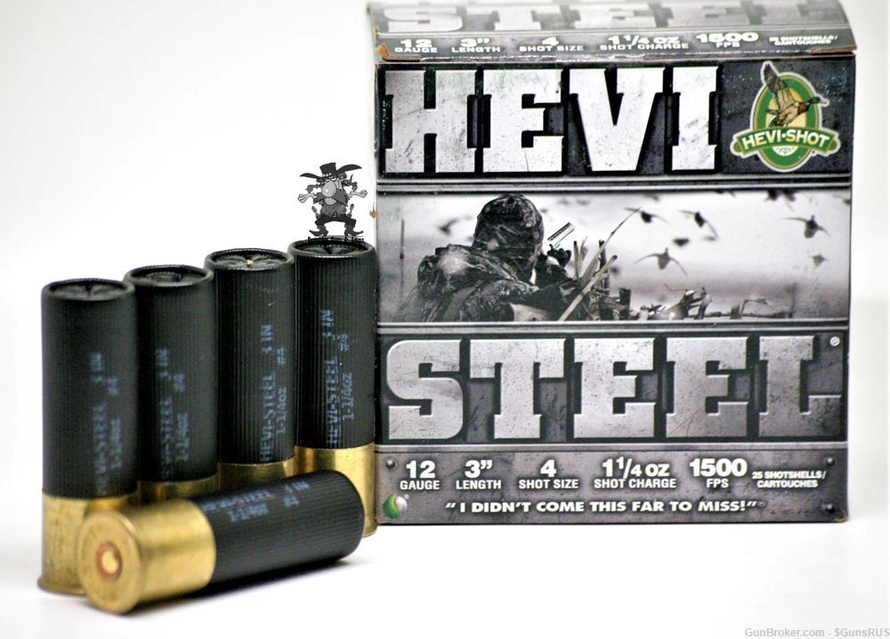 12ga HEVI STEEL12 GA 3" SHELL No.4 SHOT 1¼ oz Shot Charge STEEL 25 Rounds-img-0