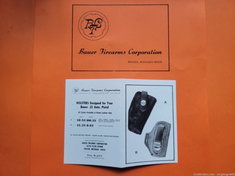 Bauer Fraser FN Baby Browning 25 ACP Tri-fold Owners Manual and Holster Car-img-2