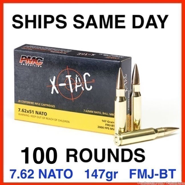 100 Rounds - PMC X-Tac 7.62x51 NATO Ammo 147 Grain FMJ Boat Tail-img-0