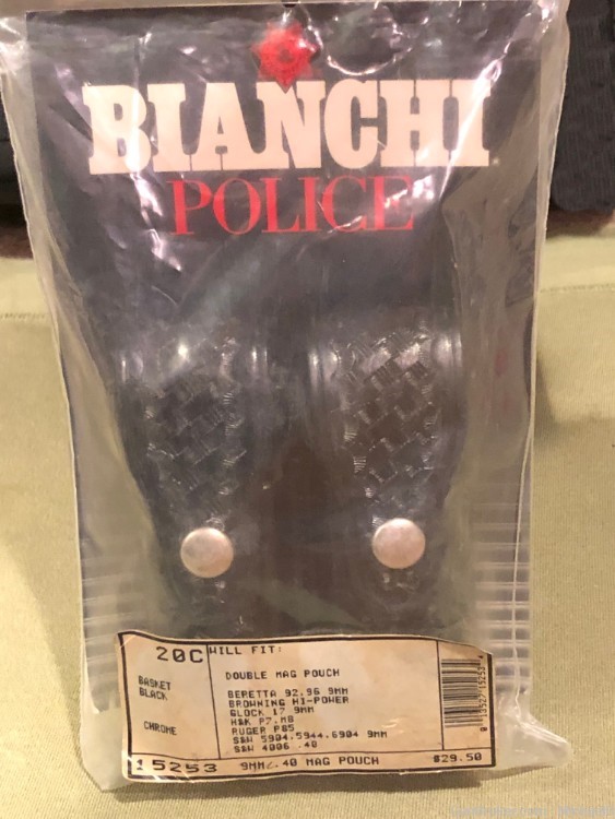 Bianchi 20C Double Mag Pouch - Black Basketweave Leather, Nickel, Unused-img-1