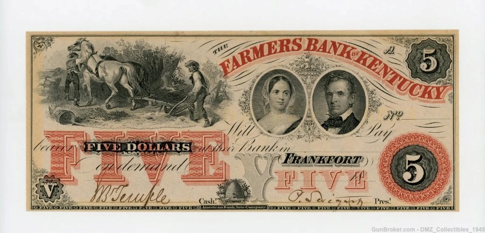 1850s-60s $5 Kentucky Bank Note Antique Currency-img-0