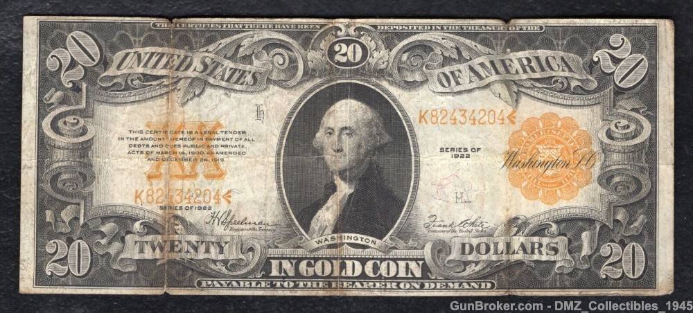 1922 $20 Dollar Gold Certificate Note Money George Washington -img-0