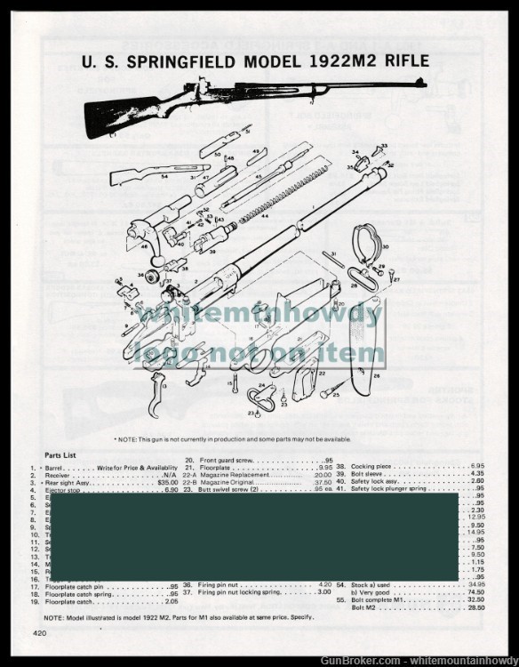 1983 U.S. Springfield Model 1922M2 .22 Rifle Schematic Parts List-img-0