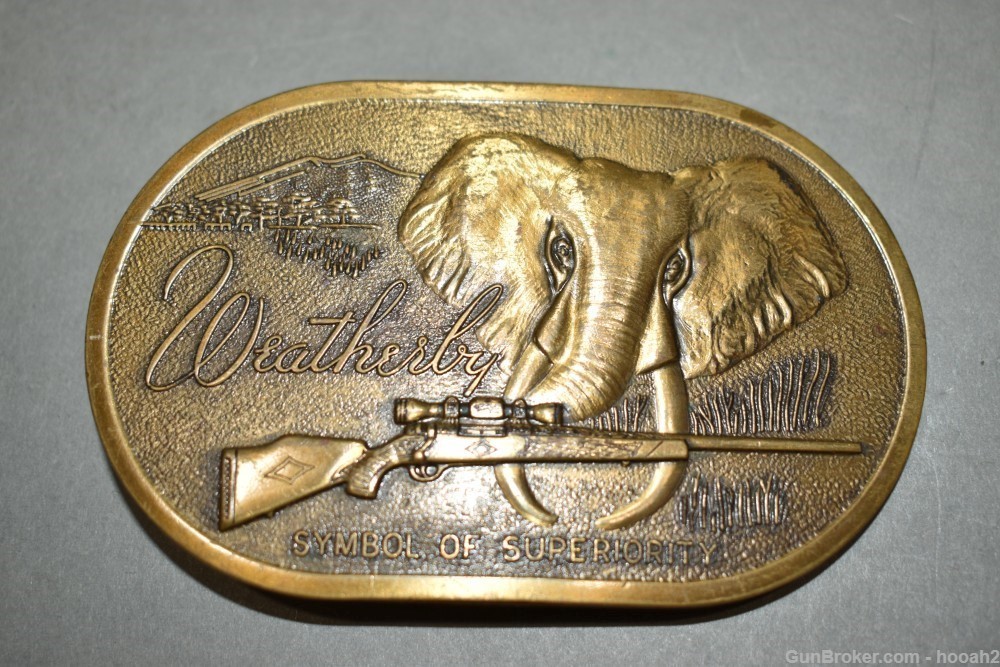 Vintage Solid Brass Weatherby Bull Elephant Belt Buckle W Case-img-7