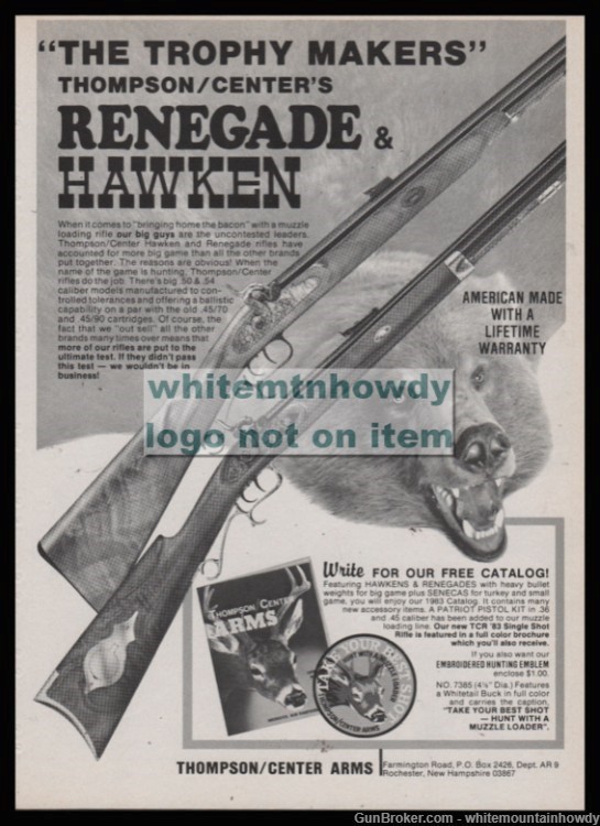 1983 THOMPSON CENTER ARMS TCA Renegade & Hawken Rifle PRINT AD-img-0