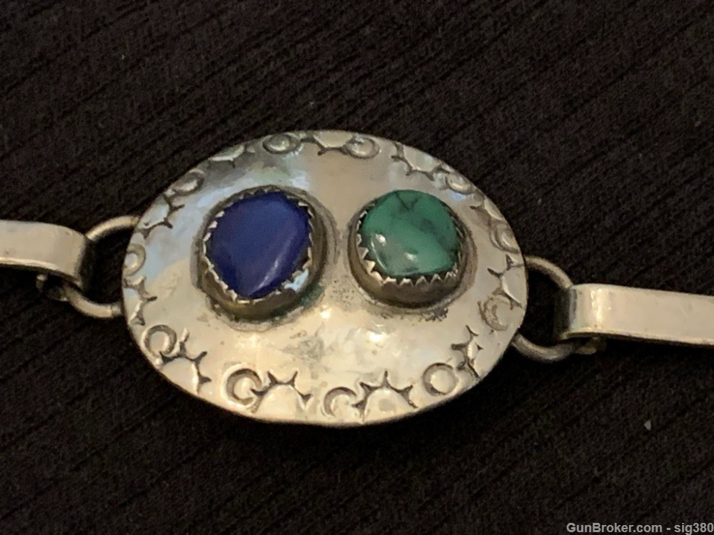 OLD NATIVE AMERICAN NAVAJO STERLING SILVER TURQUOISE AND LAPIS CONCHO BELT-img-4