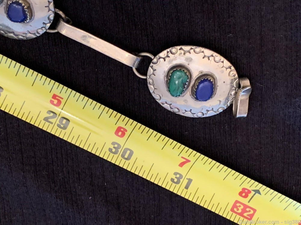 OLD NATIVE AMERICAN NAVAJO STERLING SILVER TURQUOISE AND LAPIS CONCHO BELT-img-2