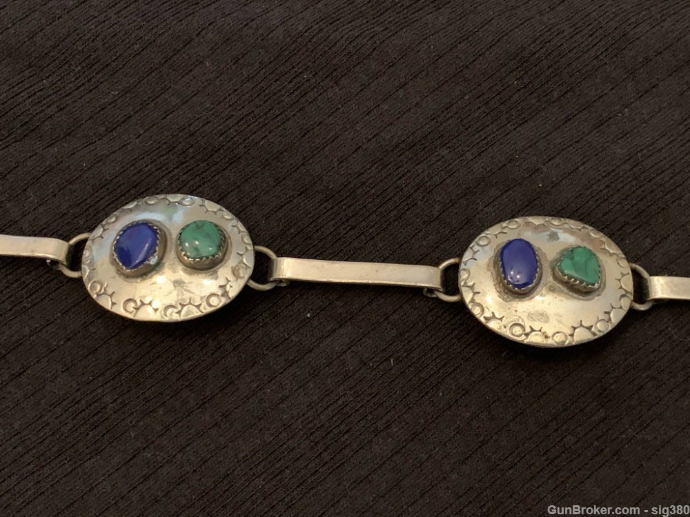 OLD NATIVE AMERICAN NAVAJO STERLING SILVER TURQUOISE AND LAPIS CONCHO BELT-img-3