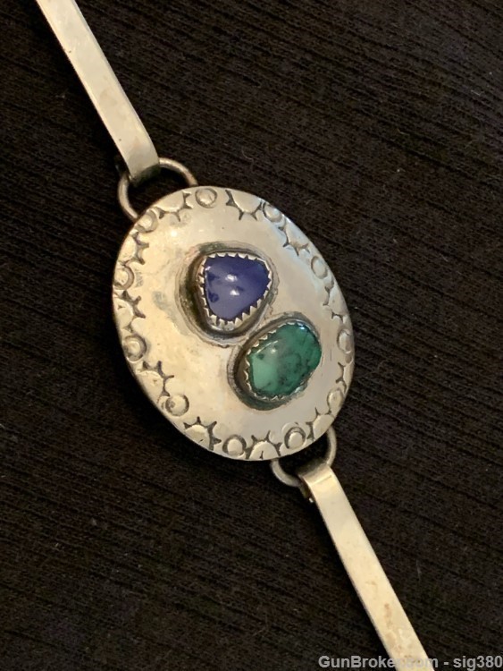 OLD NATIVE AMERICAN NAVAJO STERLING SILVER TURQUOISE AND LAPIS CONCHO BELT-img-6