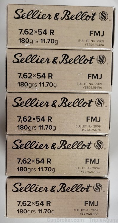 Sellier & Bellot 762x54R 180gr fmj brass case lot of 100rds-img-0