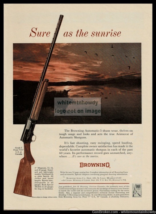 1964 BROWNING Grade I Automatic-5 Shotgun PRINT AD Shooting ducks at dawn a-img-0