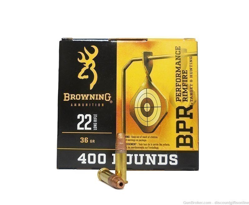 Browning BPR 22 Long Rifle Ammunition Hollow Point 36 Grain 400 Rd Box-img-0