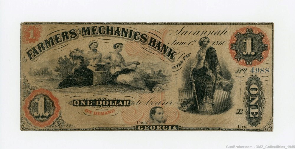 Civil War Era $1 Georgia Bank Note Antique Currency Money-img-0