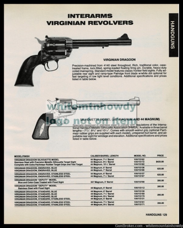 1986 VIRGINIAN DRAGOON Standard..Silhouette 44 Magnum Revolver Interarms AD-img-0
